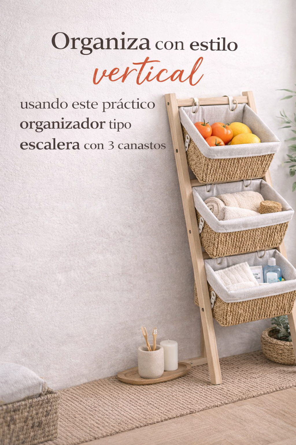 Organizador Tipo Escalera con 3 Canastos de Mimbre y Forro de Tela - Imagen 4